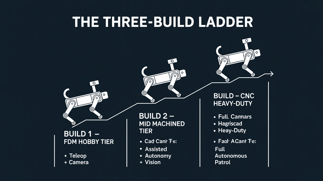 Figure 2 — The three-build ladder: a progressive sequence from FDM hobby tier through mid machined tier to full CNC heavy-duty, each tier a functional deliverable that teaches toward the next.