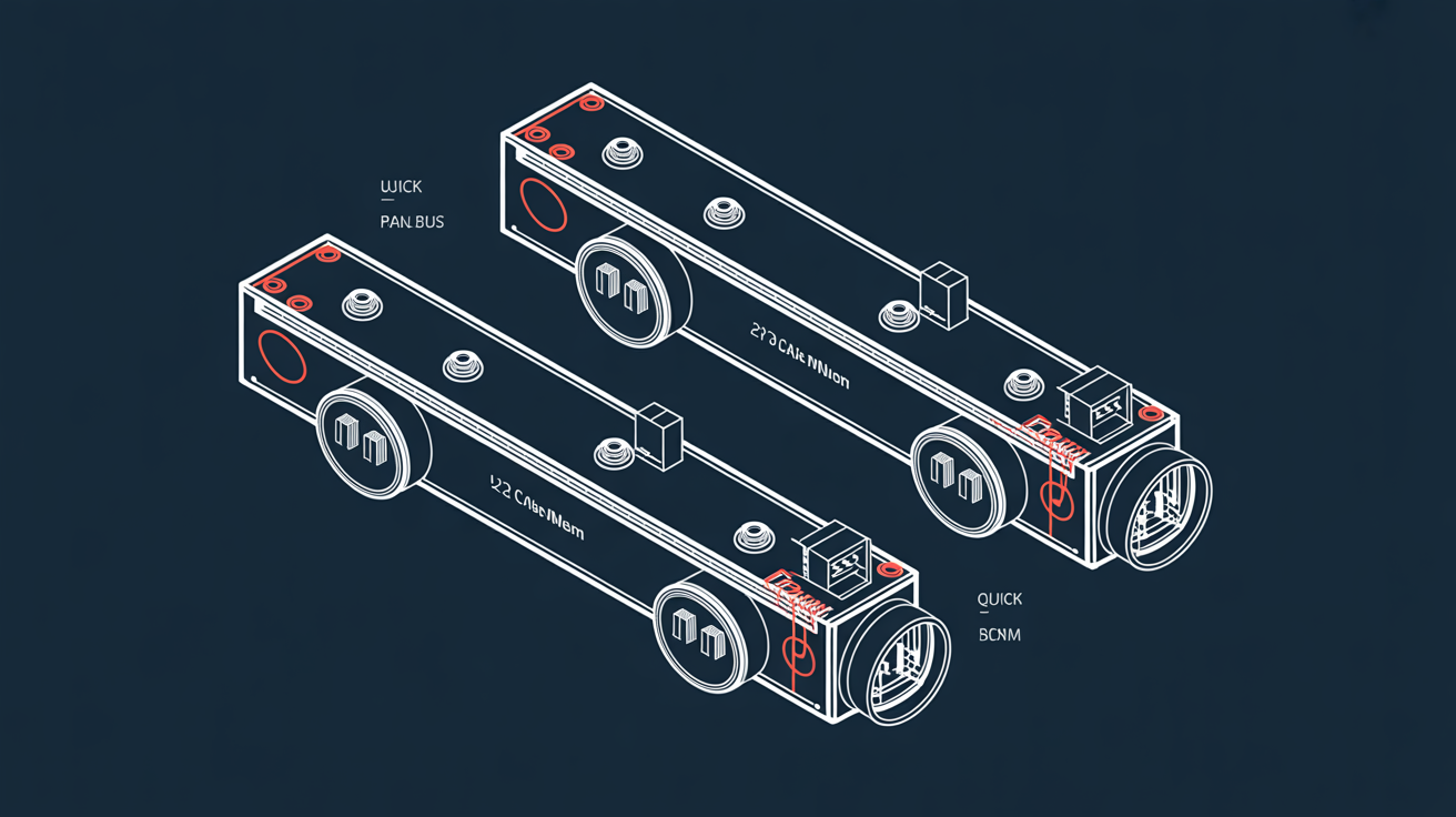 Figure 3 — Isometric engineering illustration of the RoboDog spine payload deck: two parallel 30×40 mm aluminum rectangular tube rails with M6 mounting bosses on 50 mm centers, M12 circular aviation connector…